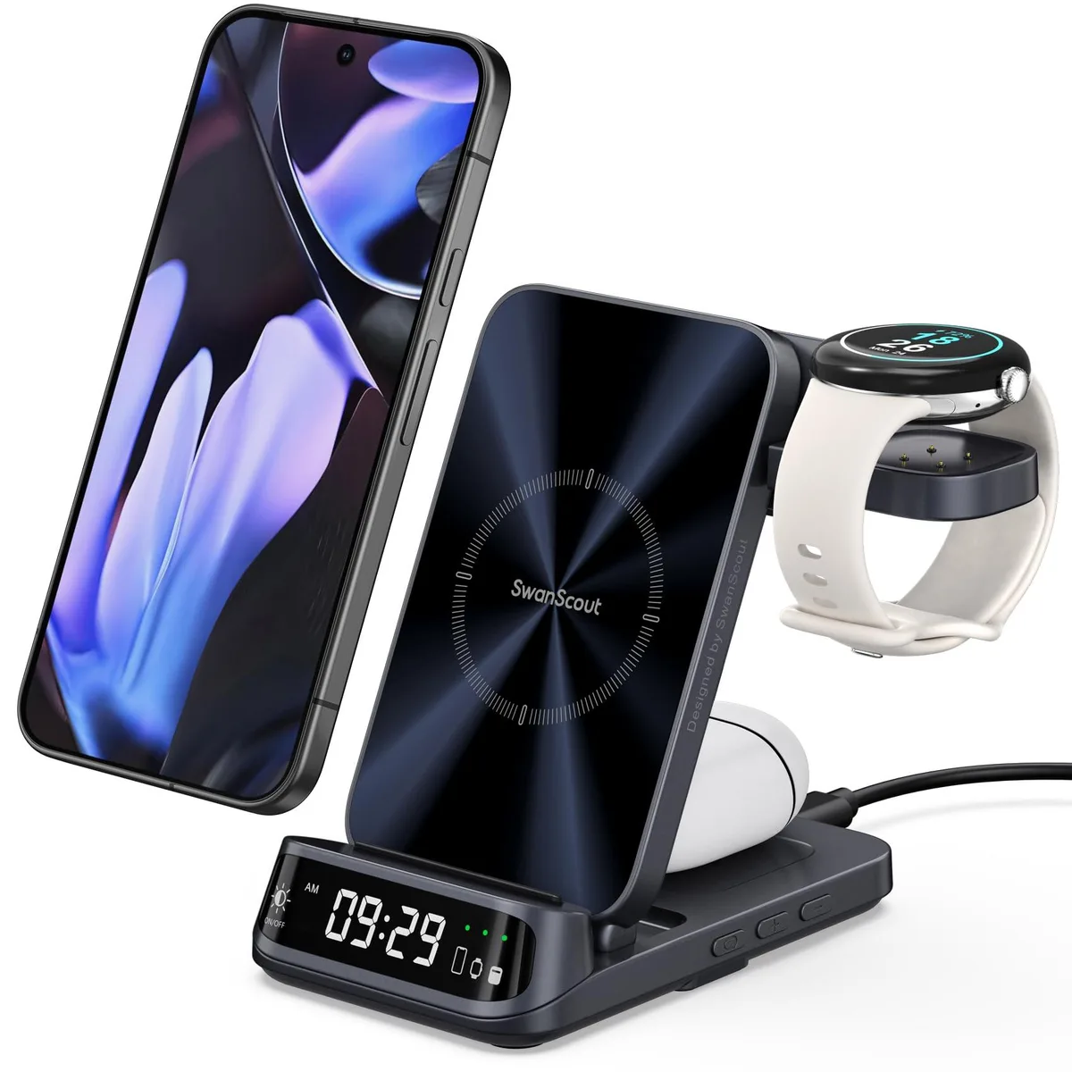 Foldable 3-in-1 wireless charger with curved LED clock display, metallic finish