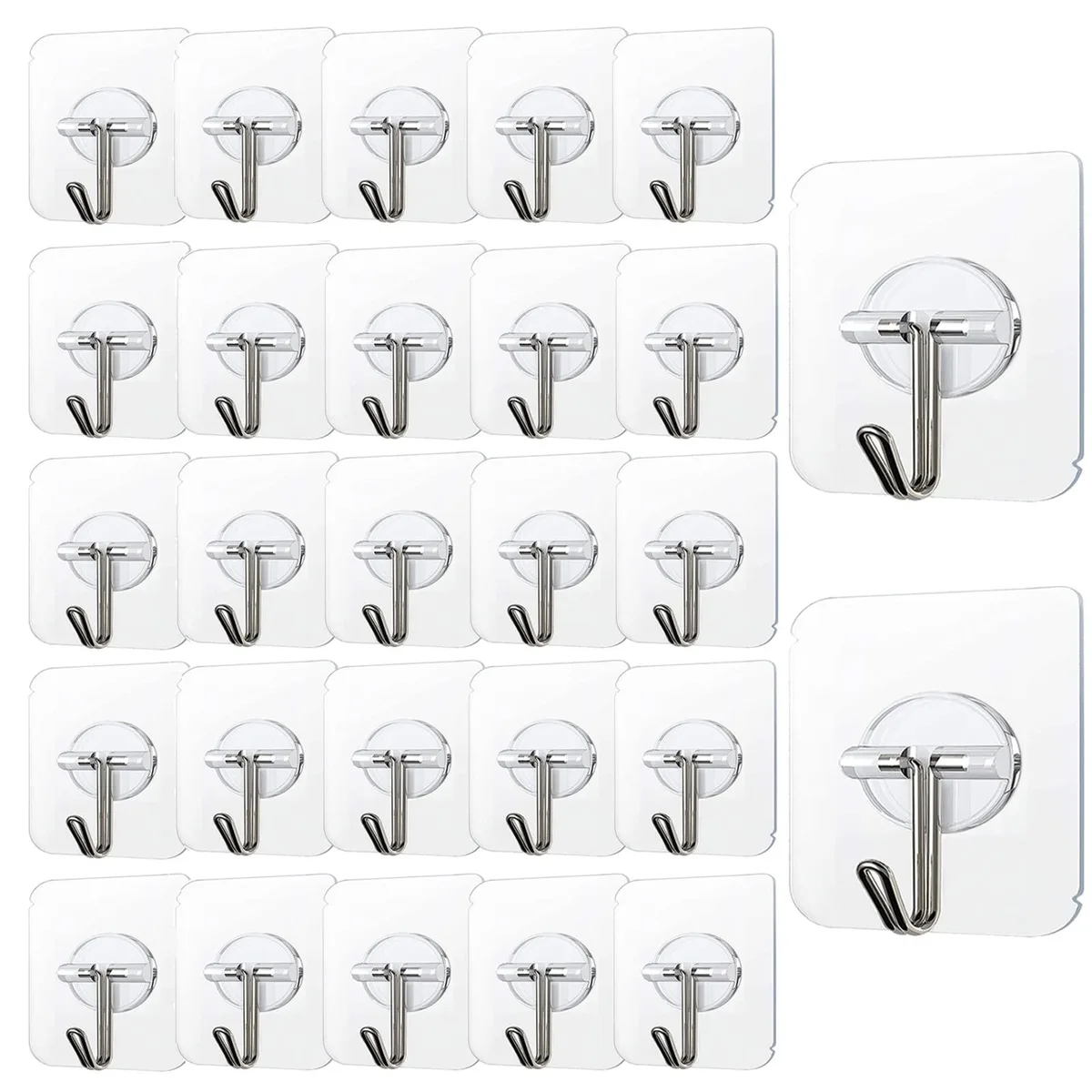 Transparent adhesive hooks on backing sheet, stainless steel, forty pack