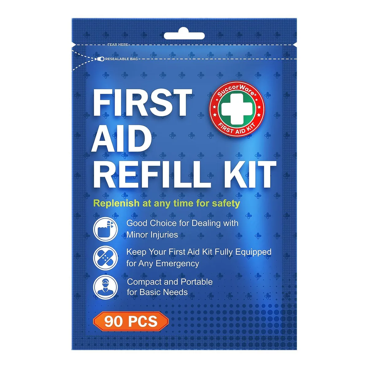 Compact rectangular first aid refill kit in a white self-sealing bag with red cross logo, 90 pieces inside