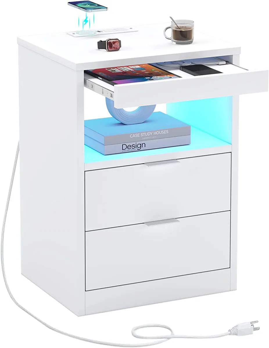 White nightstand with two drawers, pull-out shelf, LED strip lighting and wireless charging pad