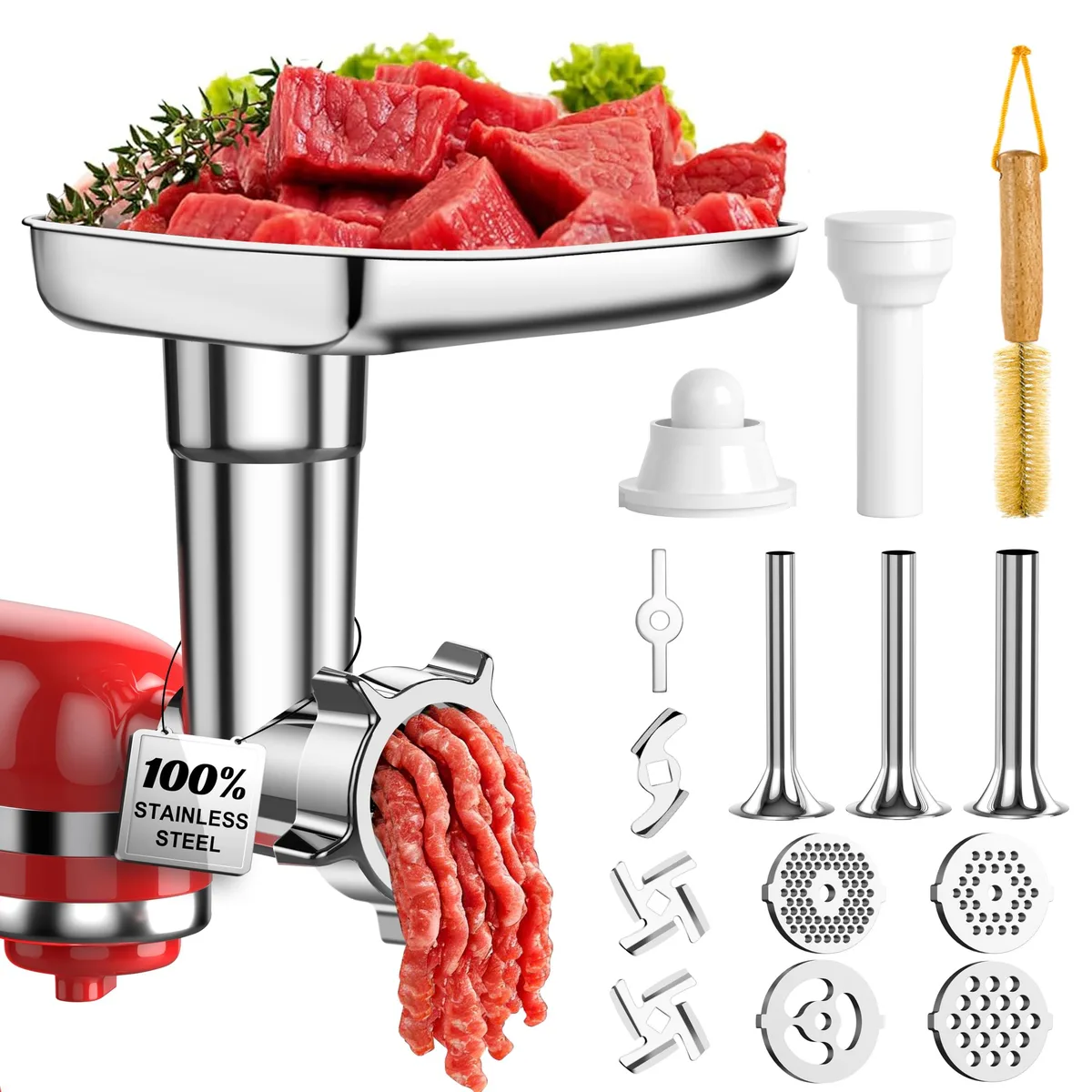 Stainless steel meat grinder attachment for KitchenAid mixer, 18-piece set, silver finish