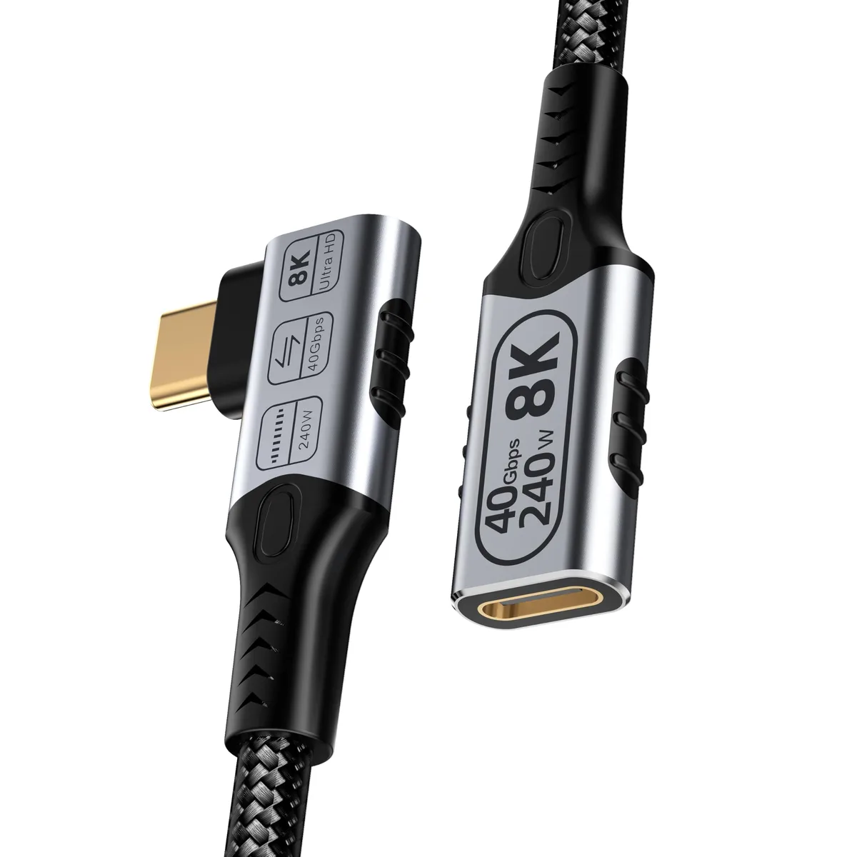 Nylon-braided USB-C extension cable with 90° L-shaped male connector, female port, 2FT length
