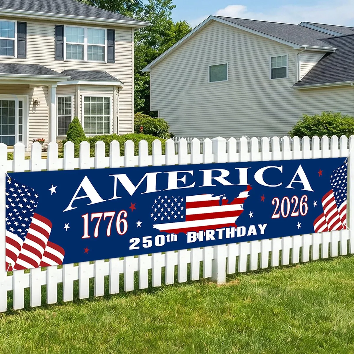 Red, white and blue fabric banner 120 by 20 inches with 1776-2026 text and ribbon ties