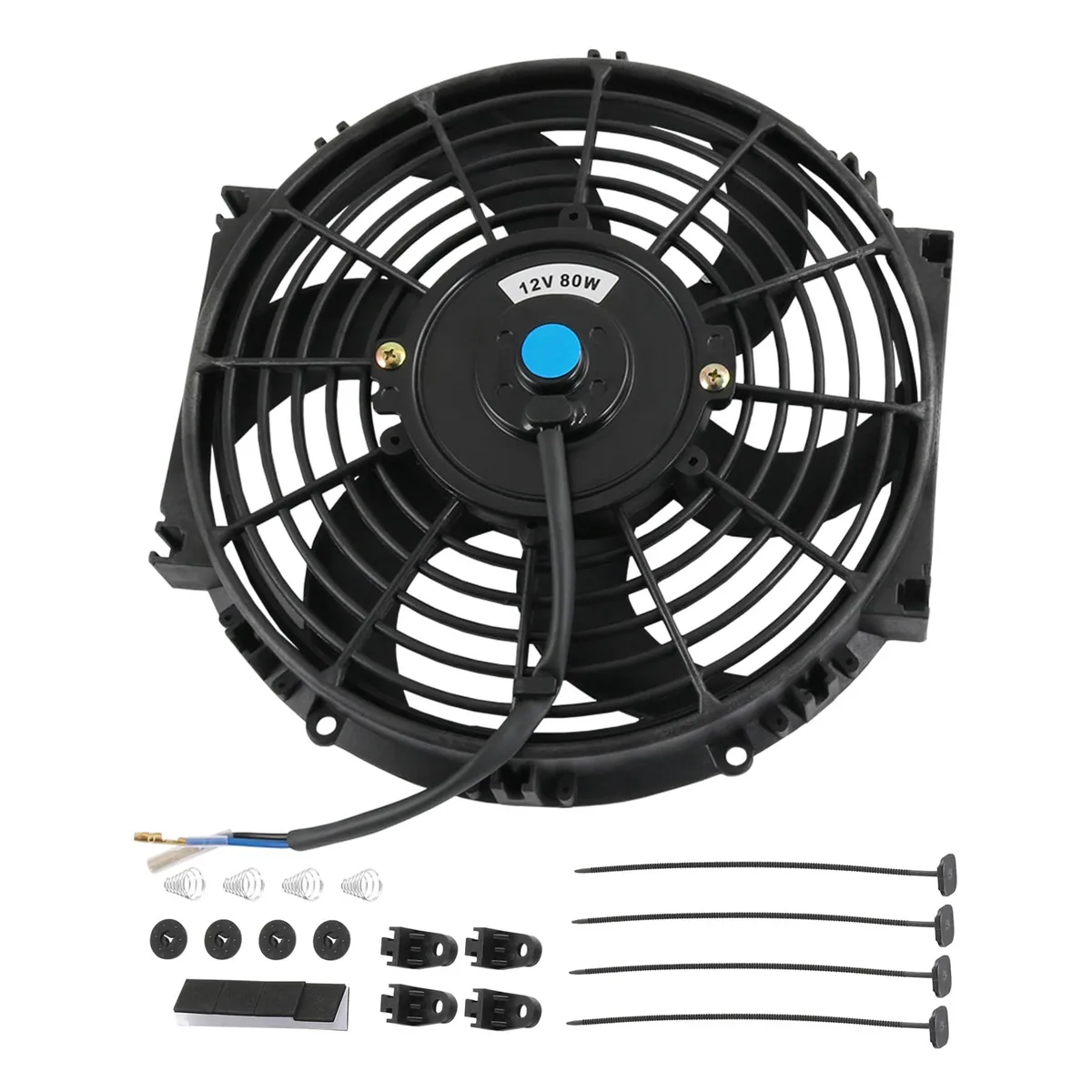 Black 10 inch slim electric radiator cooling fan with six blades and mounting kit