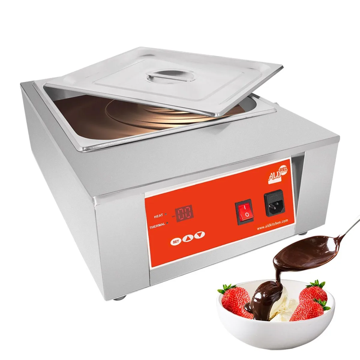 Silver stainless steel fondue pot with digital display and temperature controls