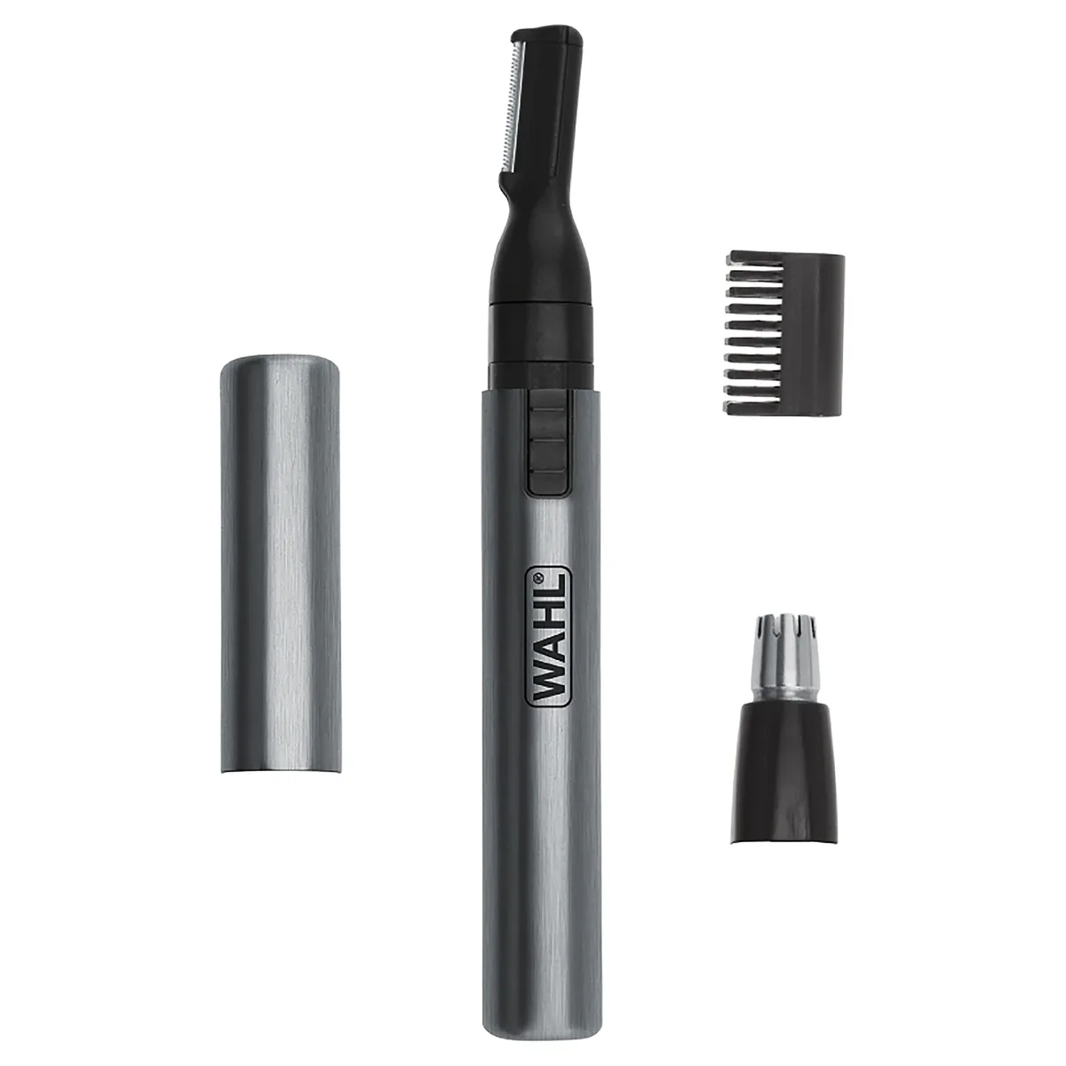 Silver pen-shaped trimmer with black rotary and detail heads, eyebrow comb, aluminium cap