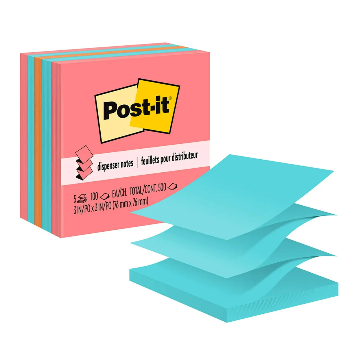 Five square pads of bright orange pink and aqua sticky notes in a rectangular pack