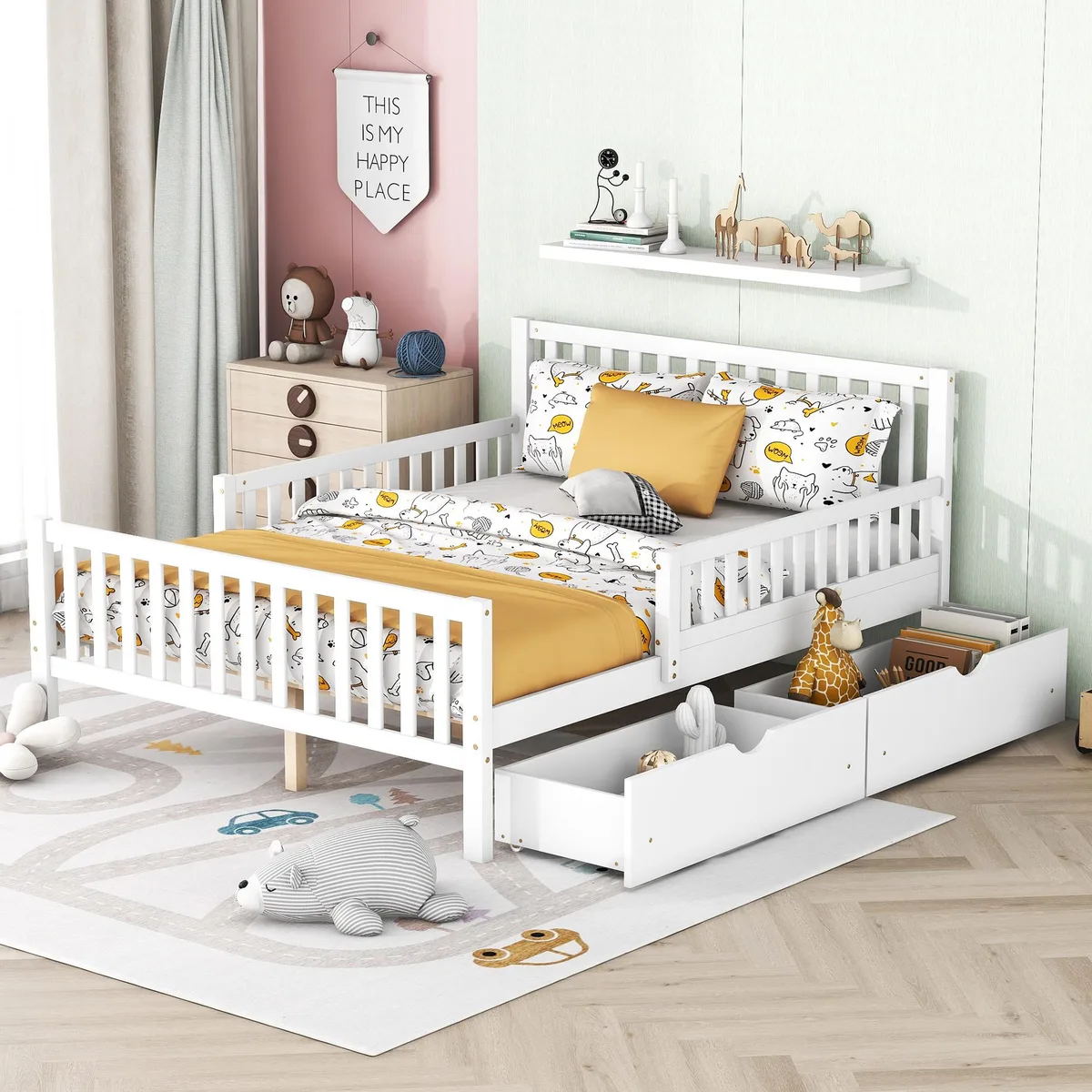White wooden platform bed with side guardrails and two under-bed storage drawers