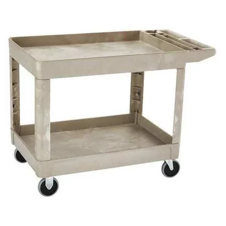 Beige two-shelf utility cart with flat handle and four casters