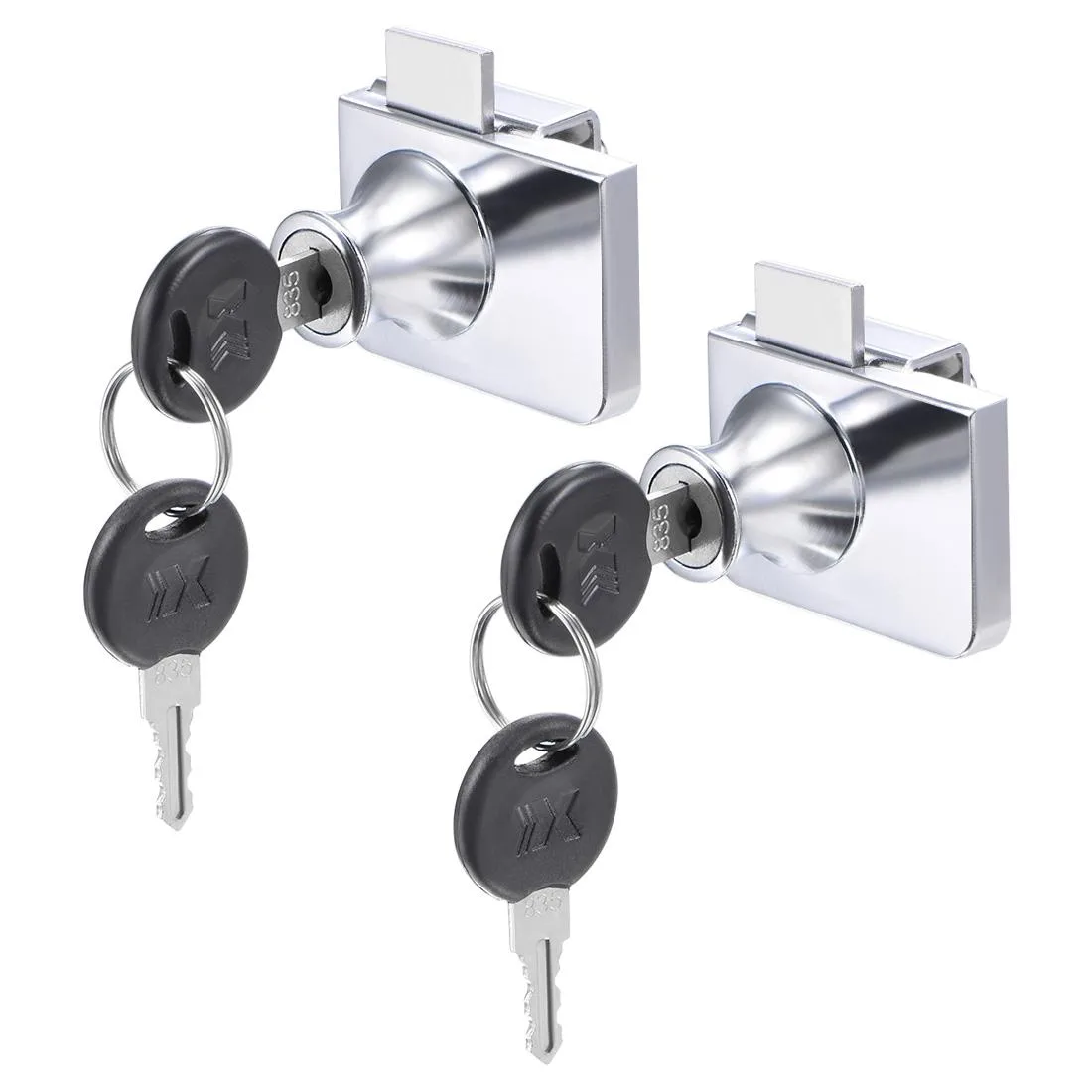 Two chrome-finished zinc alloy cabinet locks with strike plates and keys, each 48 by 35 by 37 mm