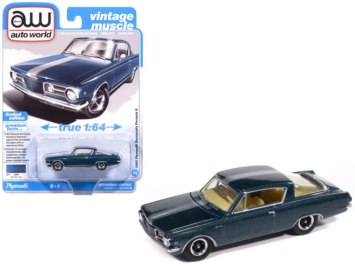 auto world Auto World 1965 Plymouth Barracuda Formula S 1/64 Diecast Dark Blue Silver Stripe — product photo