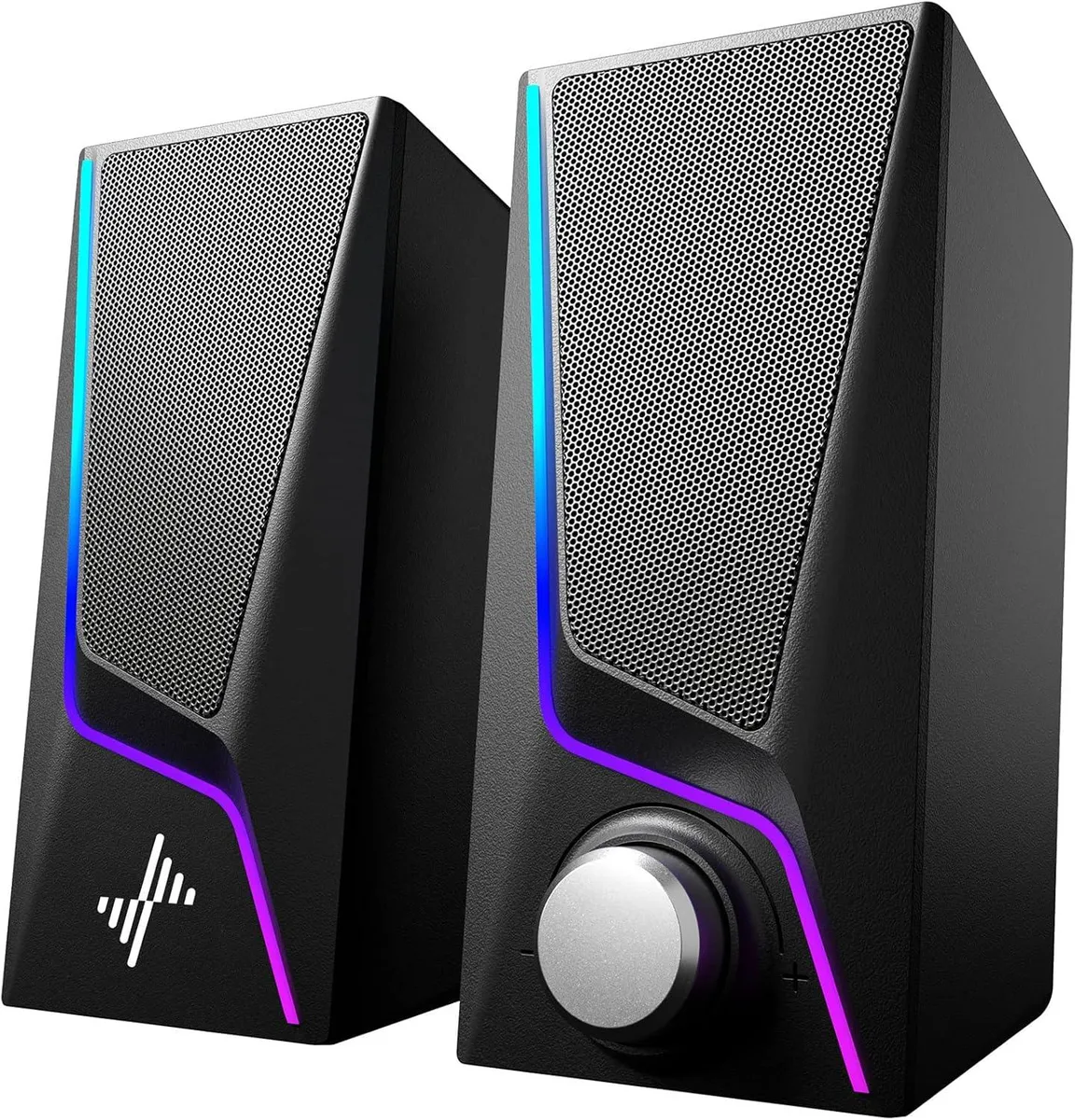 A pair of compact USB-powered desktop speakers with LED lighting and a volume knob, connected by a 3.5mm audio cable