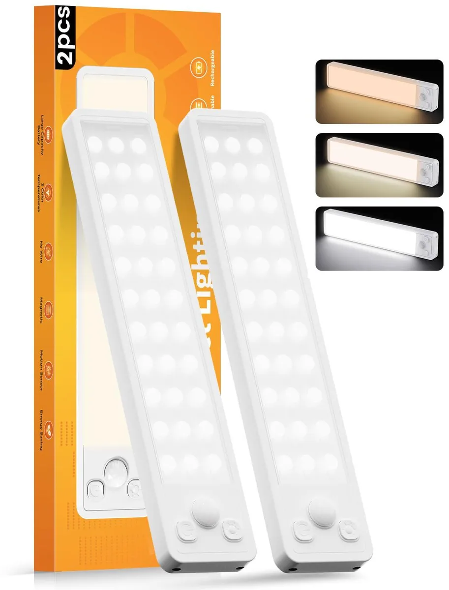 Two white rectangular LED cabinet lights with clear prismatic finish and magnetic mounting