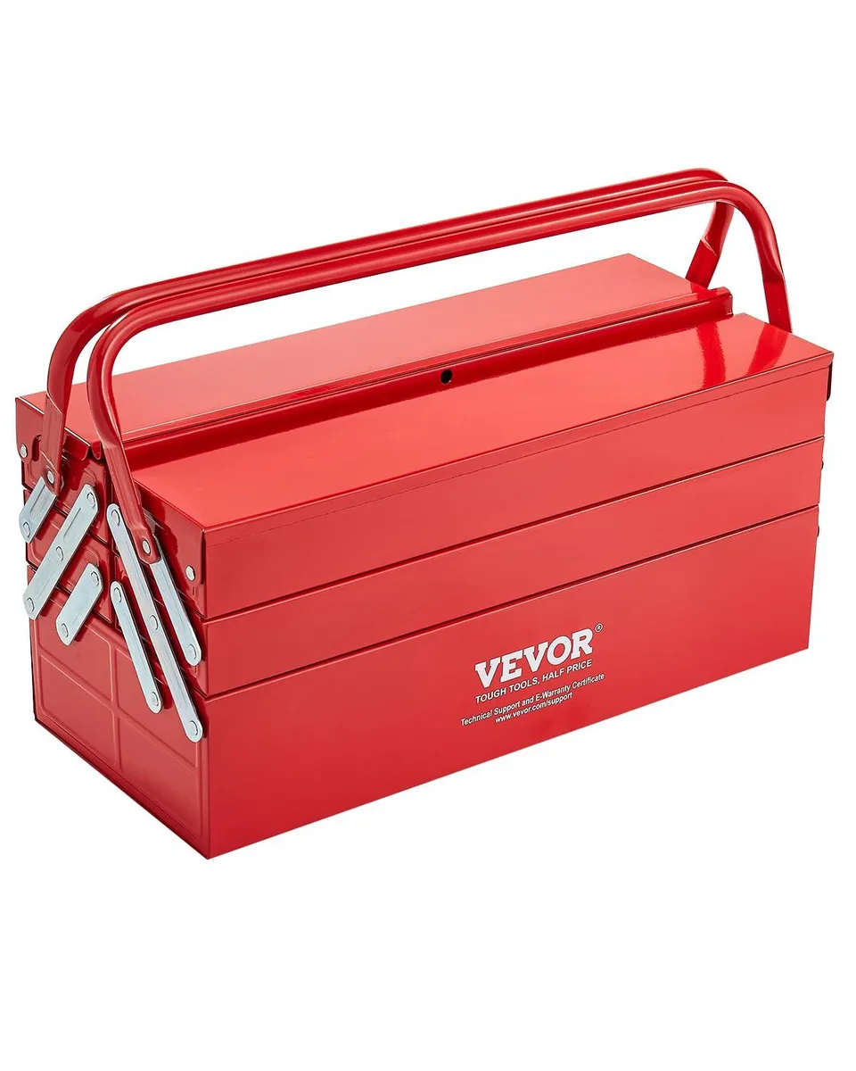 Red steel tool box, 18 inches wide, three folding tiers with five trays, powder coated finish, dual carry handles, lock hole on top