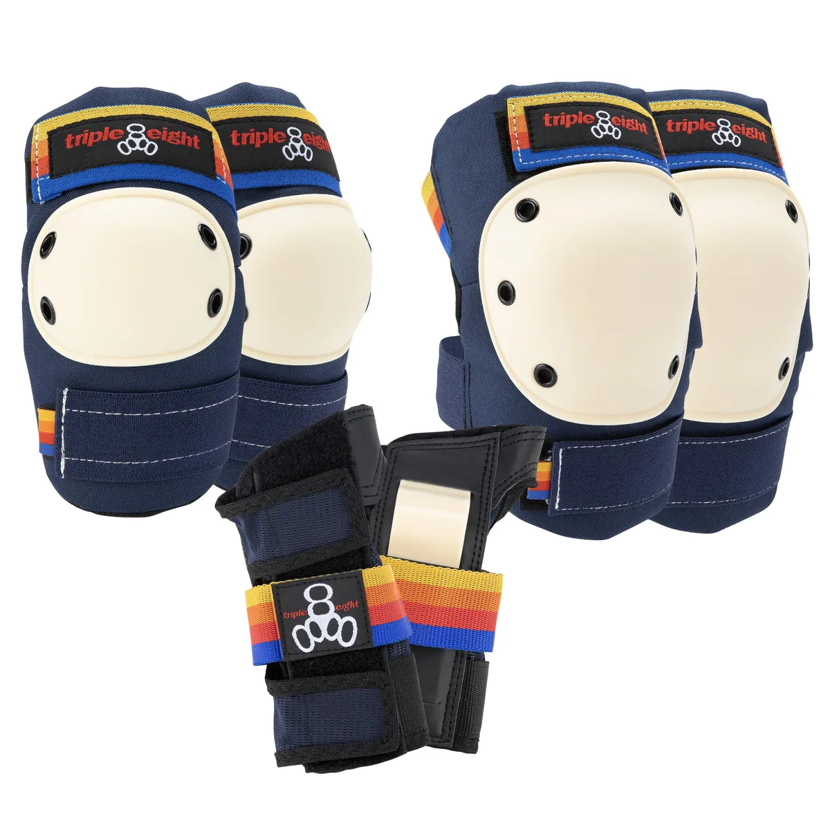 Three black protective pads with plastic caps and elastic straps