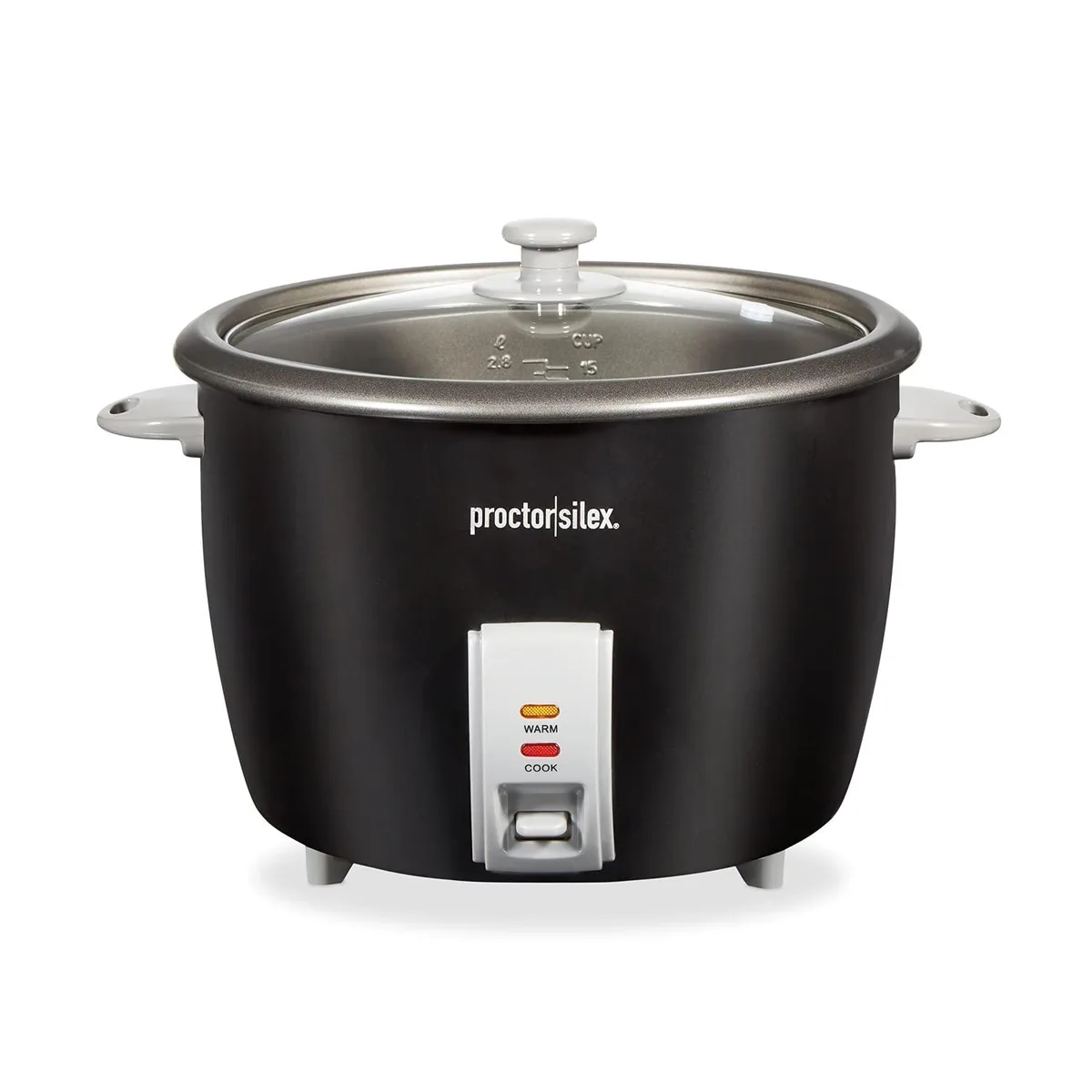 Black 30-cup rice cooker with glass lid and steamer basket