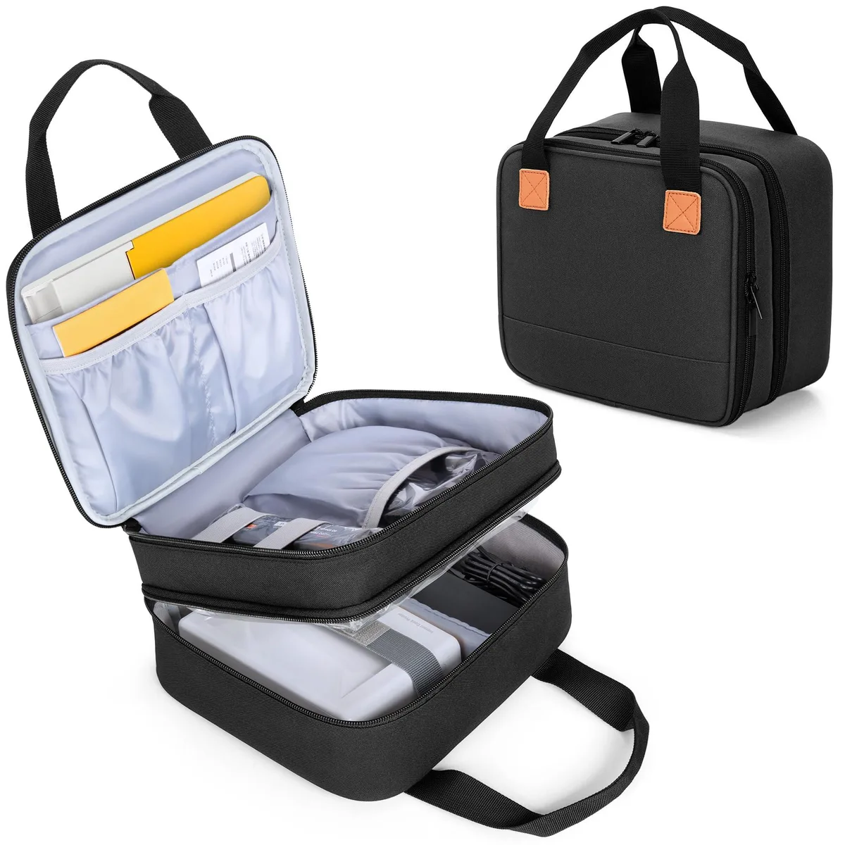 Black rectangular camera case with padded interior, sturdy handles and accessory pockets