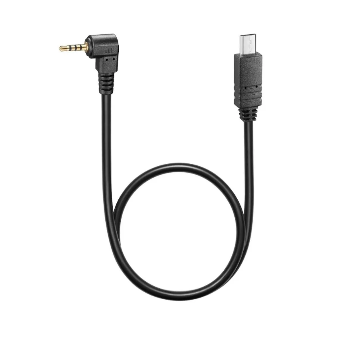 Black coiled cable with right-angle multi-terminal connector and straight jack plug
