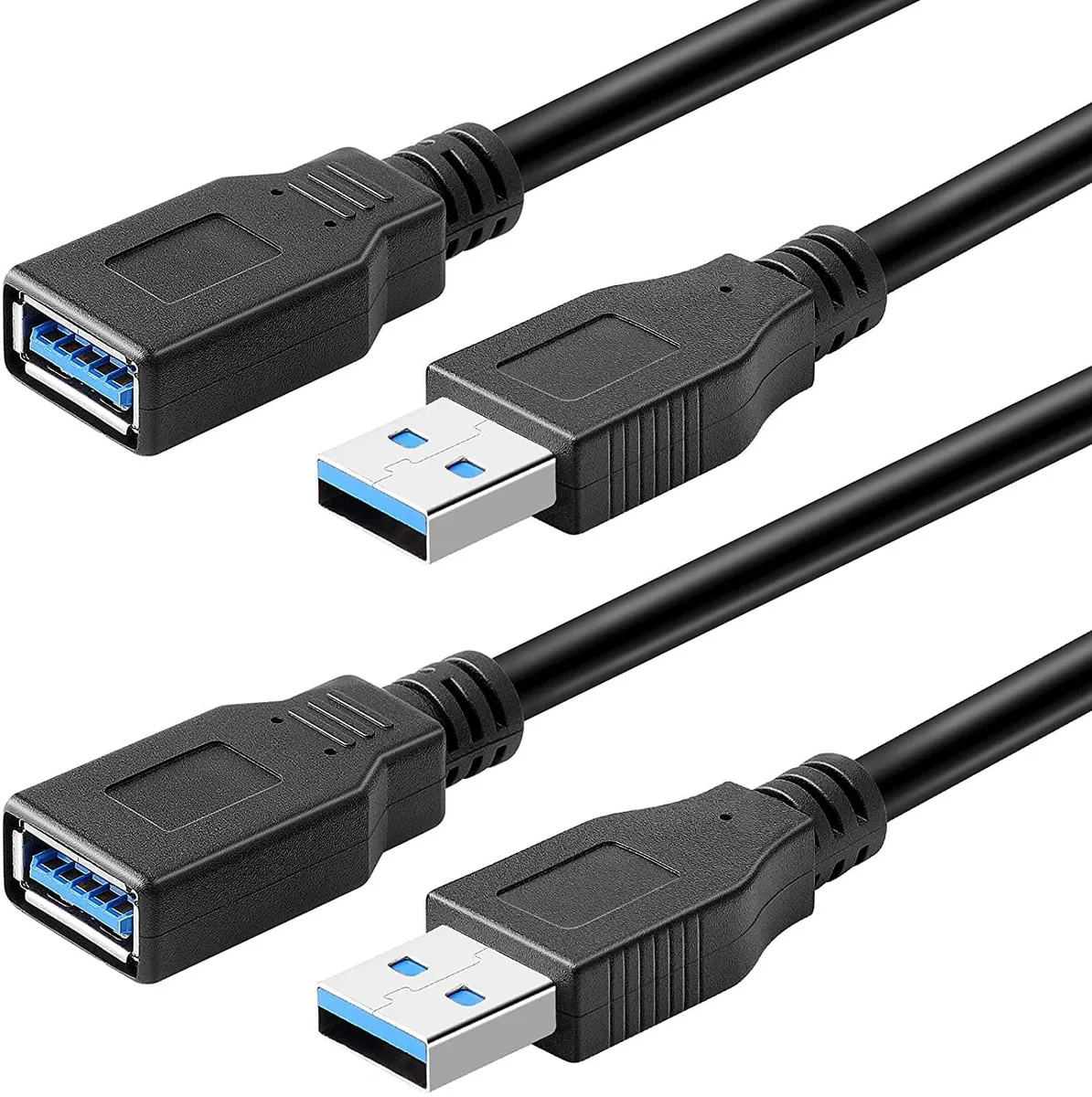 Two blue USB 3.0 Type A male-to-female extension cables, each three feet long
