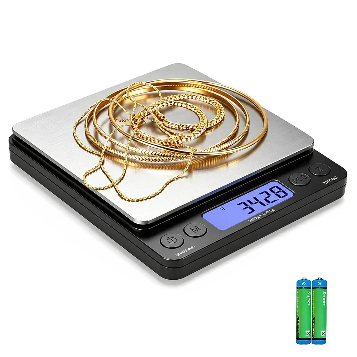 Twelve compact stainless steel digital scales with backlit LCD screens and weighing trays