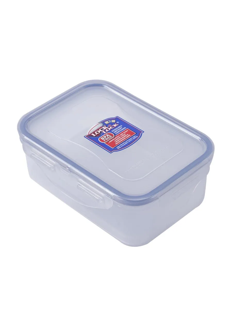 Clear rectangular plastic food container with snap-on lid, 450 ml capacity