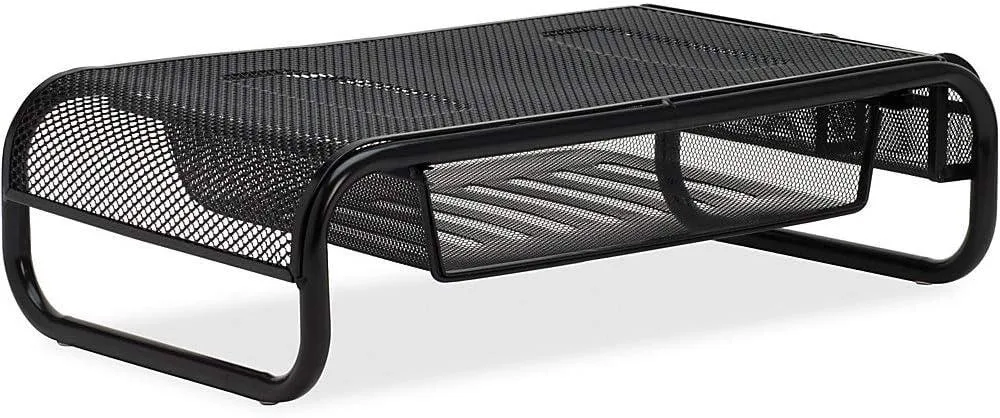 Black powder-coated monitor riser with pullout drawer and side compartments, rubber feet visible