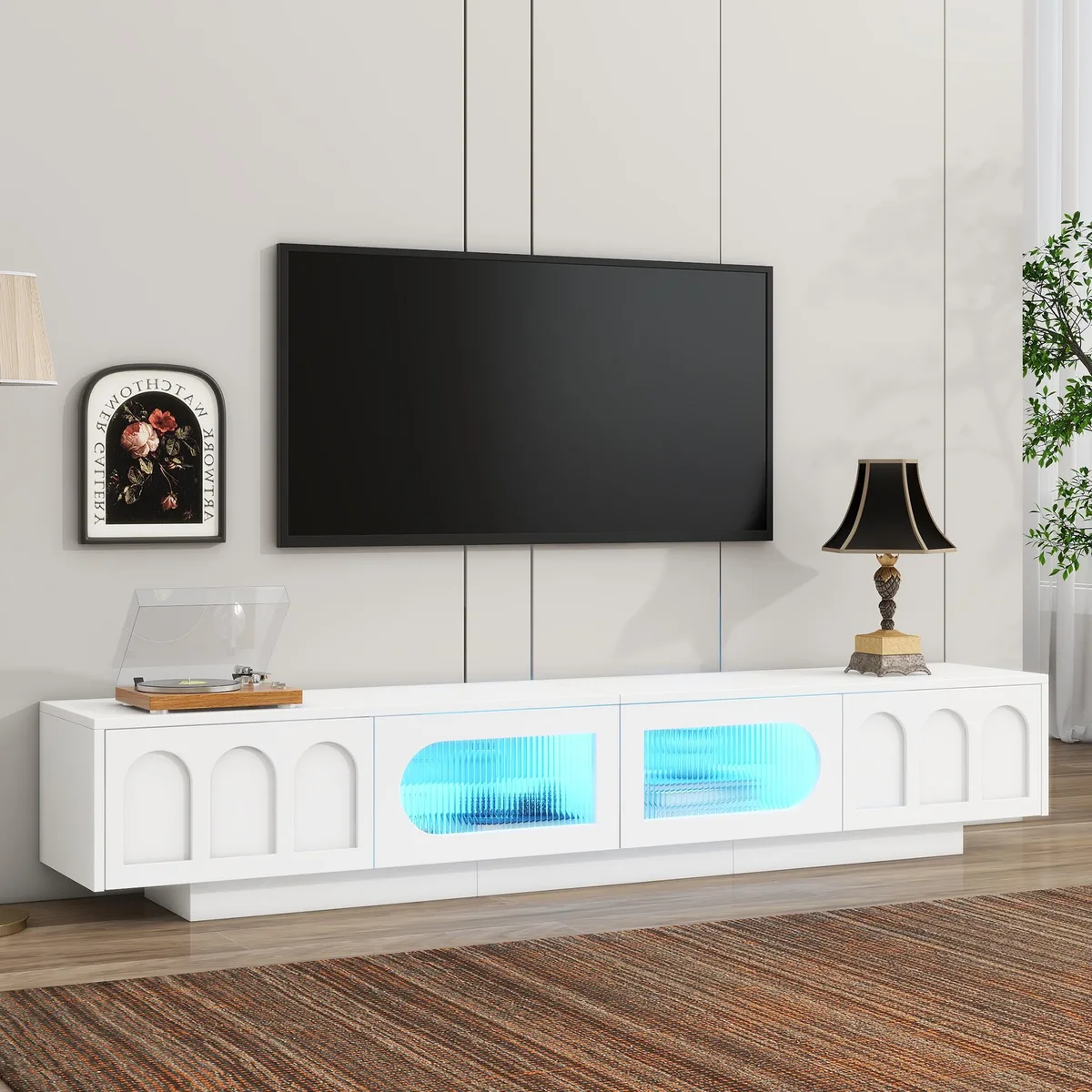 tuphen tuphen TV Stand with Fluted Glass Doors 95'' White App LED — product photo