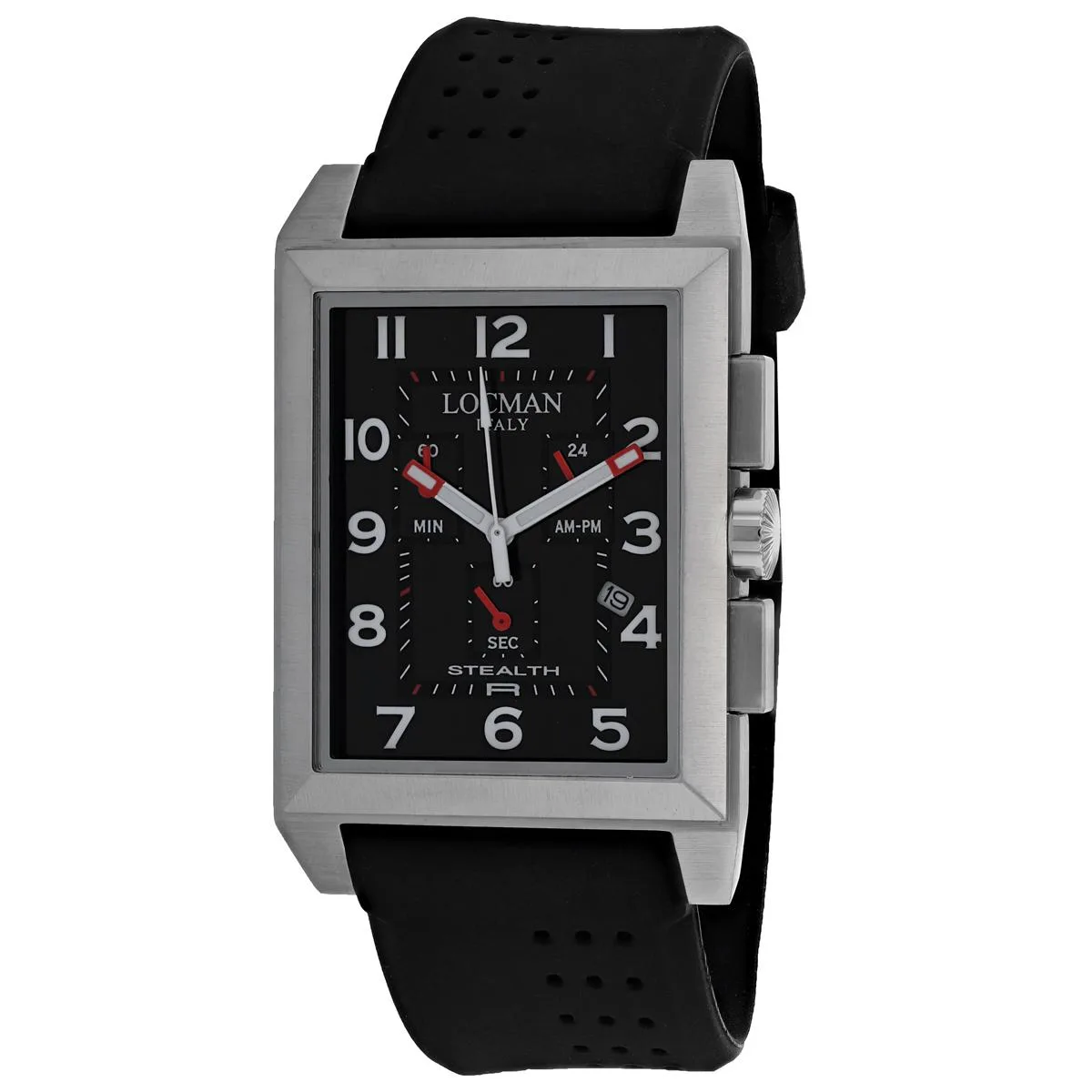 Black stainless steel watch with silicone strap and black dial