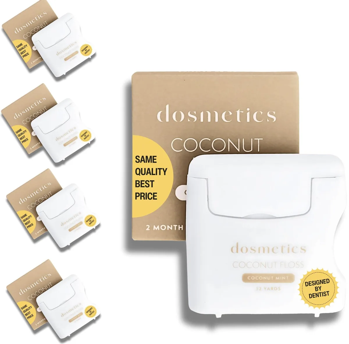 Five small square mint floss dispensers in a pack