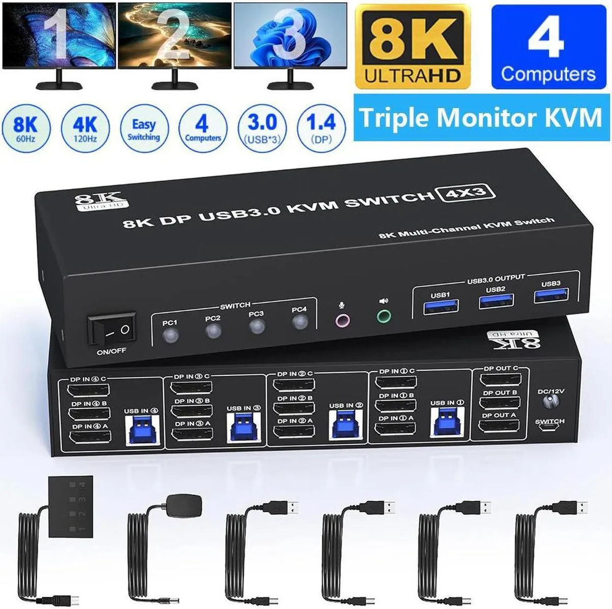 Vszerda Vszerda 8K@60Hz 4K@144Hz Triple Monitor DP 1.4 KVM Switch 4 Computers 3 USB 3.0 Ports Audio Microphone — product photo