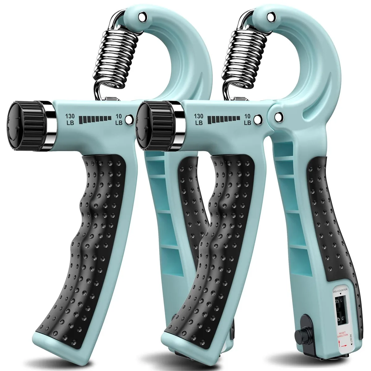Two blue adjustable hand grip strengtheners side by side