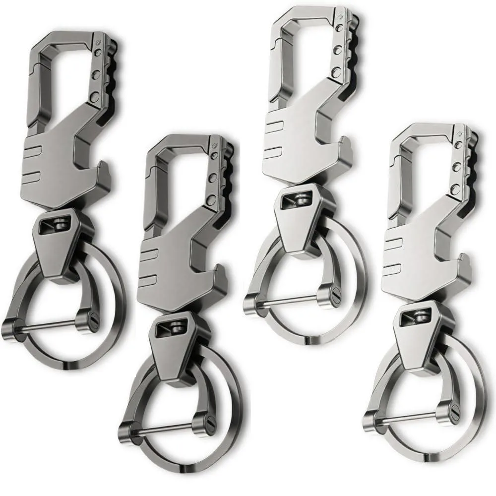 Four stainless steel keychain tools with bottle openers, swivel clips and two key rings each, in black and silver finishes
