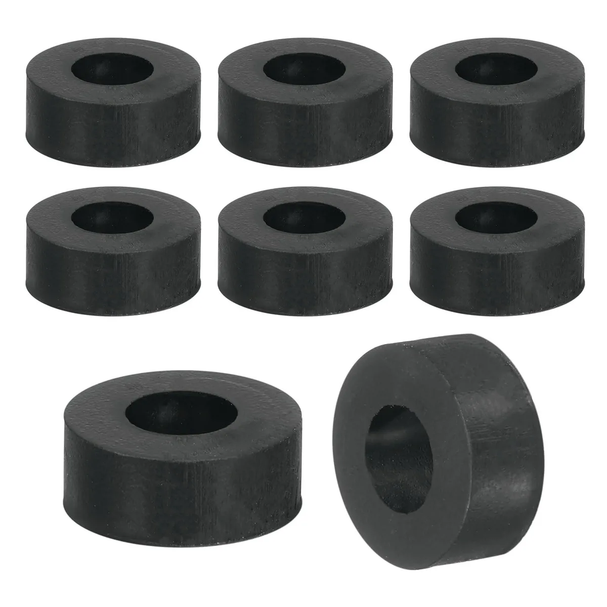 Black rubber spacer washers in a clear bag, thirty-six pieces, round with centre holes