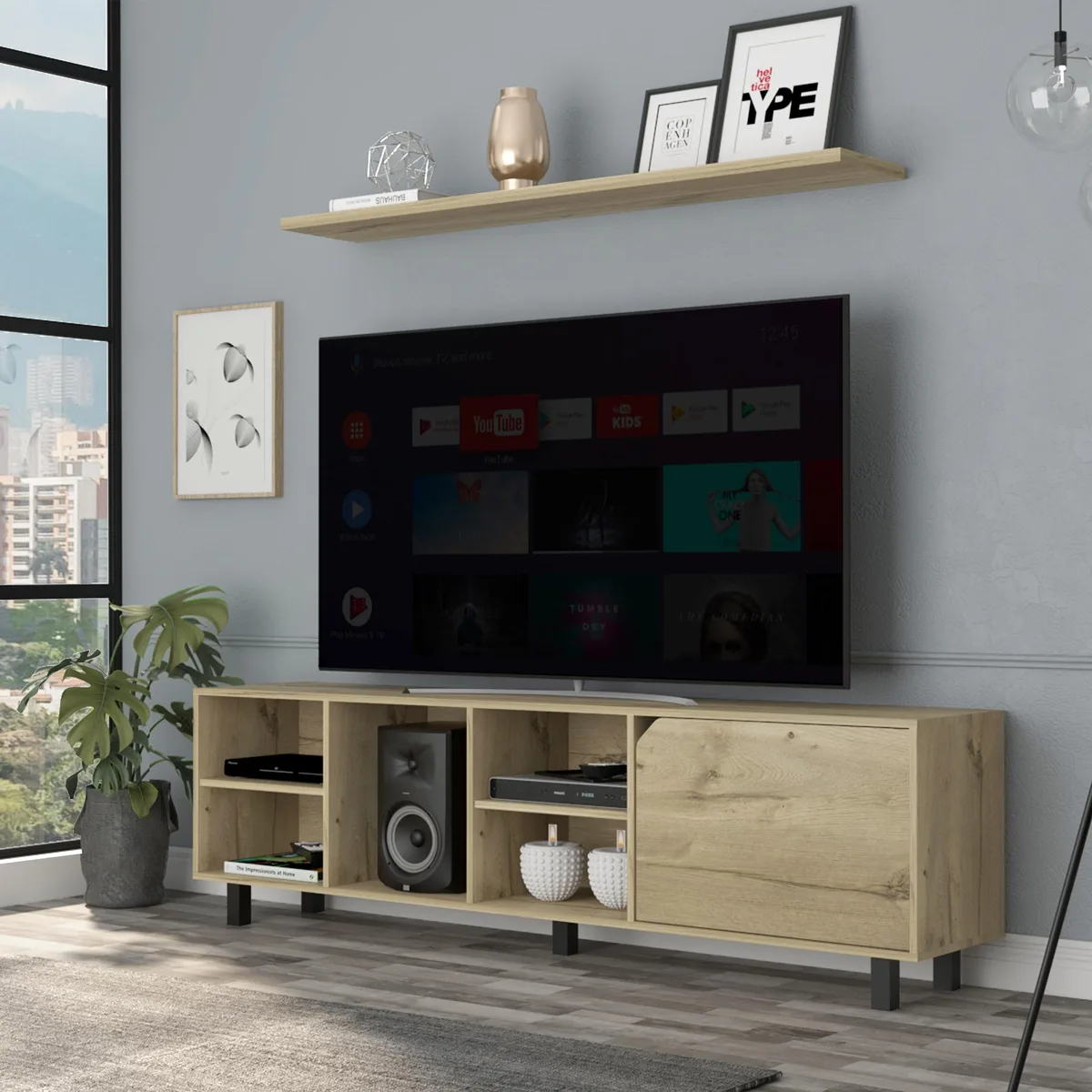 Light oak TV stand with five open shelves and five legs