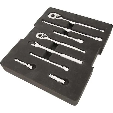 Nine-piece ratchet and extension set in black and orange foam tray