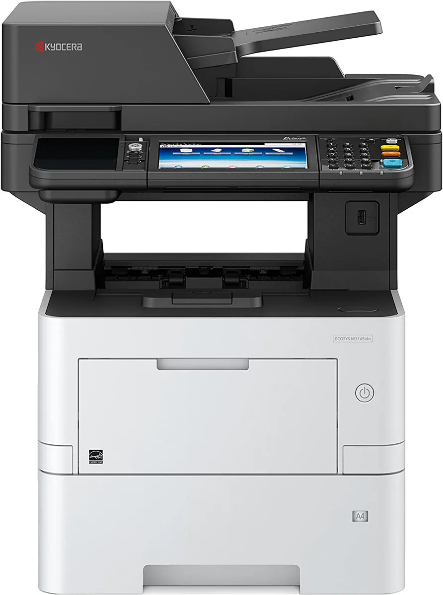 White rectangular office laser printer with 7 inch colour touchscreen and paper trays