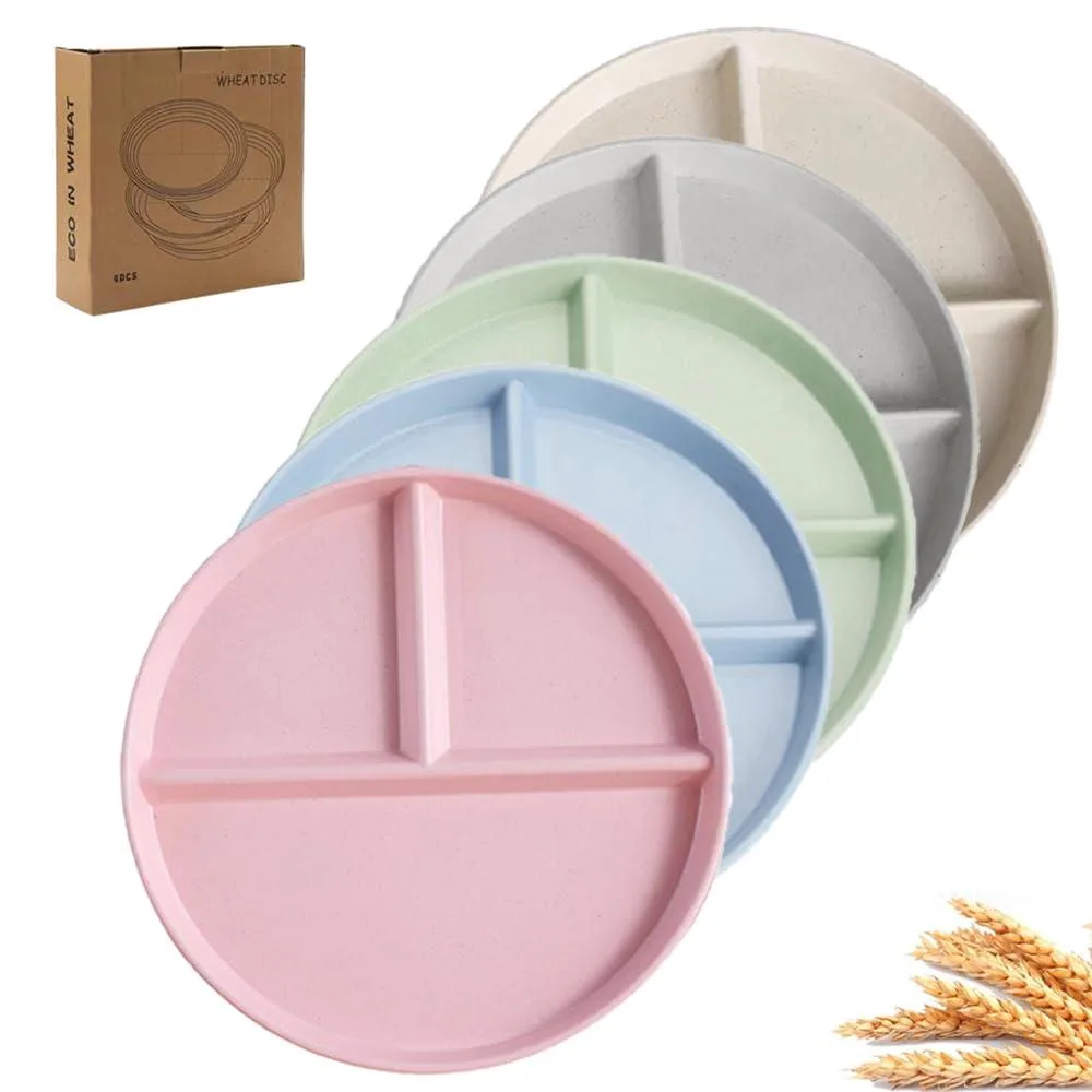 Set of five white rectangular divided plates with three compartments