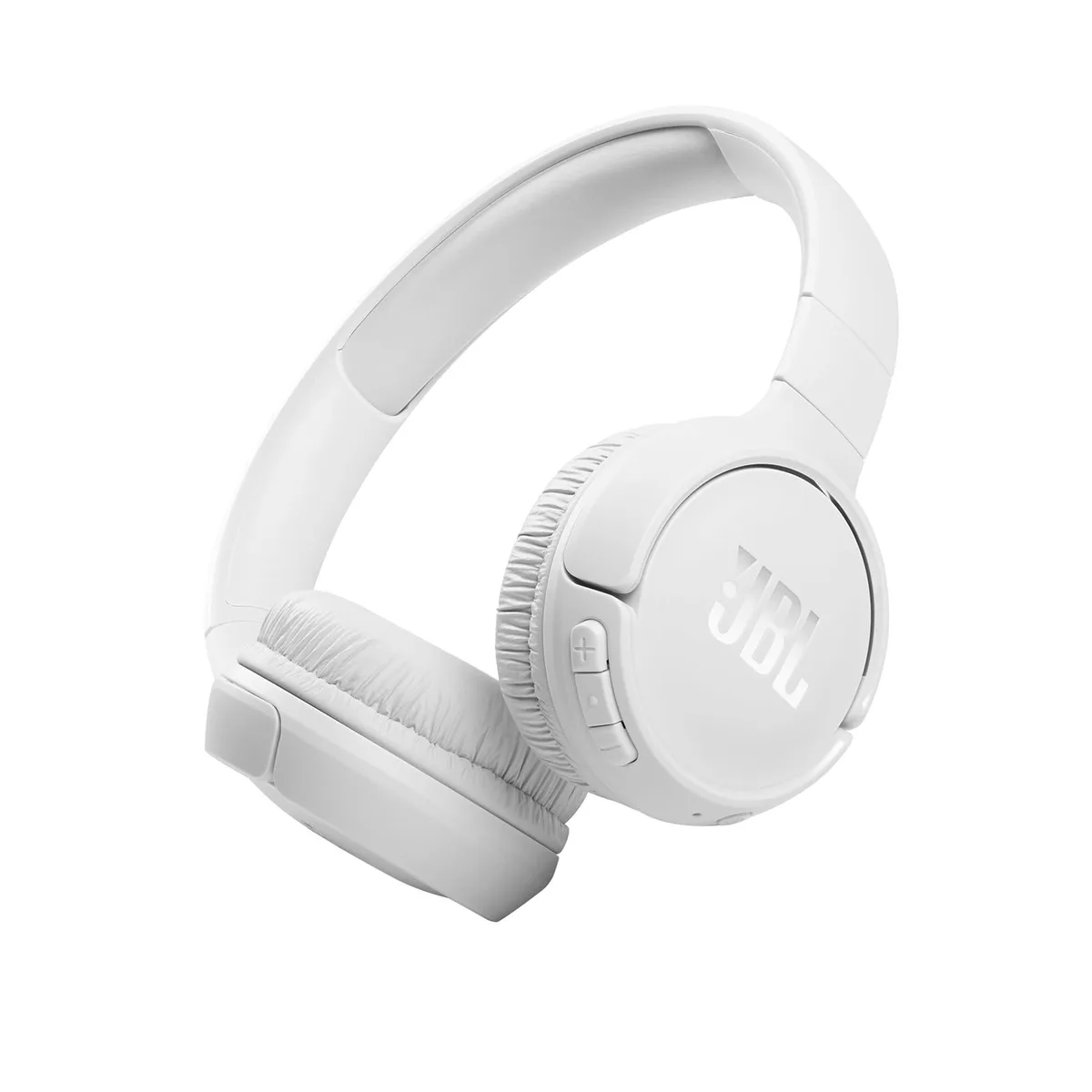 White JBL Tune 510BT wireless on-ear headphones folded flat showing padded headband and ear cushions