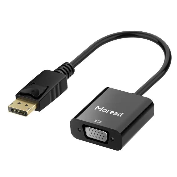 Black DisplayPort male to VGA female adapter, compact rectangular body with gold-plated connector and release latch