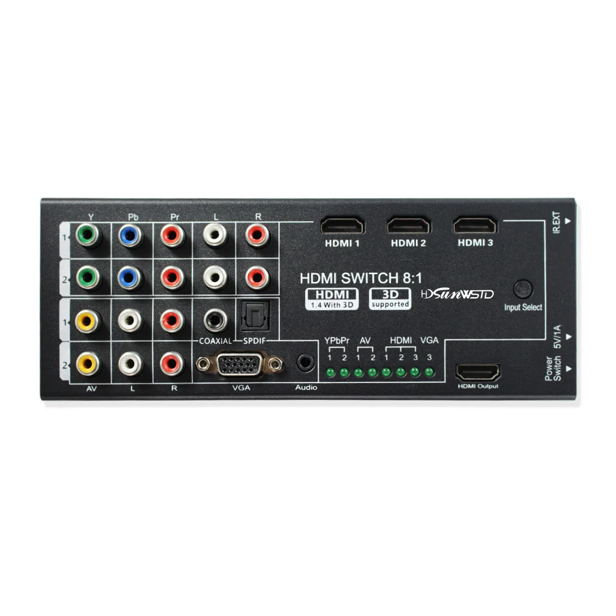 Black rectangular converter box with multiple input ports on one side and HDMI output on the other
