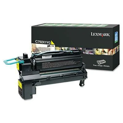 Rectangular yellow Lexmark toner cartridge in plastic packaging
