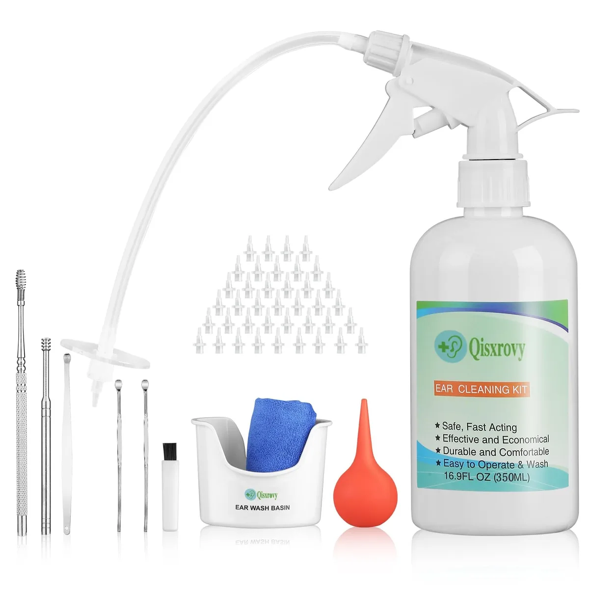White ear irrigation kit with basin, syringe, spray bottle, towel and 40 disposable tips
