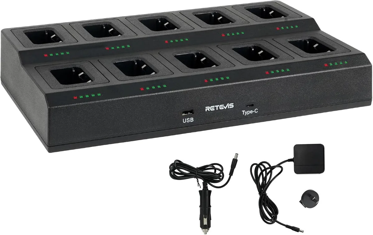 Rectangular black 10-bay charger with five LED status lights and AC/DC cable