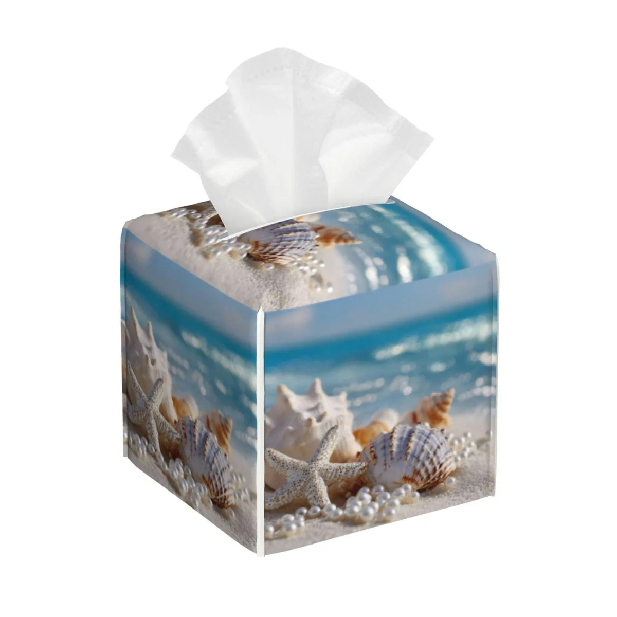 Square PVC leather tissue box cover with starfish shell pattern, 5.2 inches each side, 3.7 inch top opening
