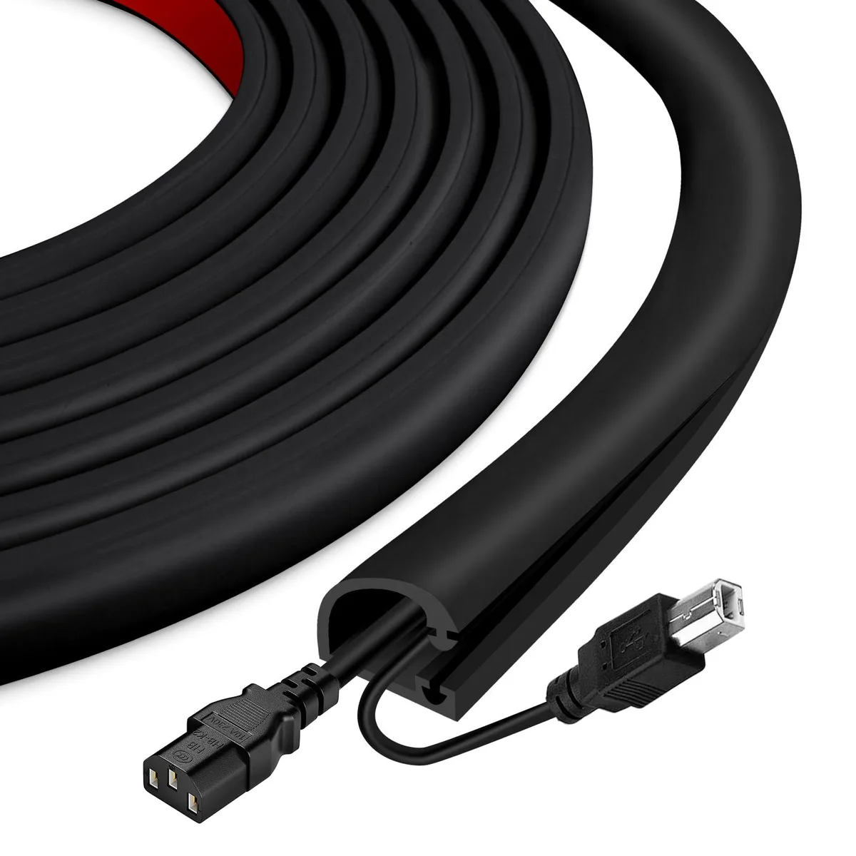 Black flexible silicone cord cover 39 inches long with side opening and adhesive back