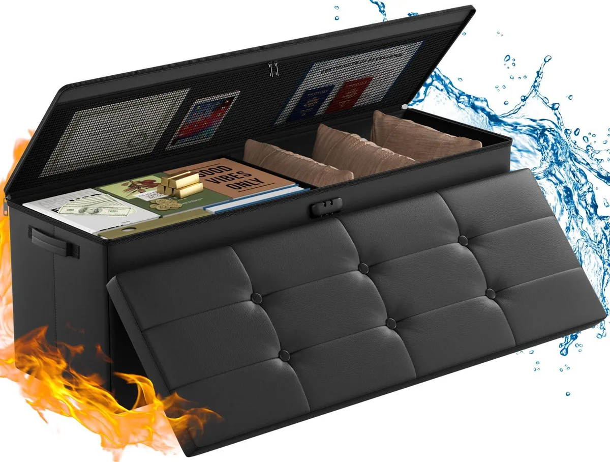 Rectangular black faux-leather bench with handles and combination lock, 43 by 15 by 15 inches