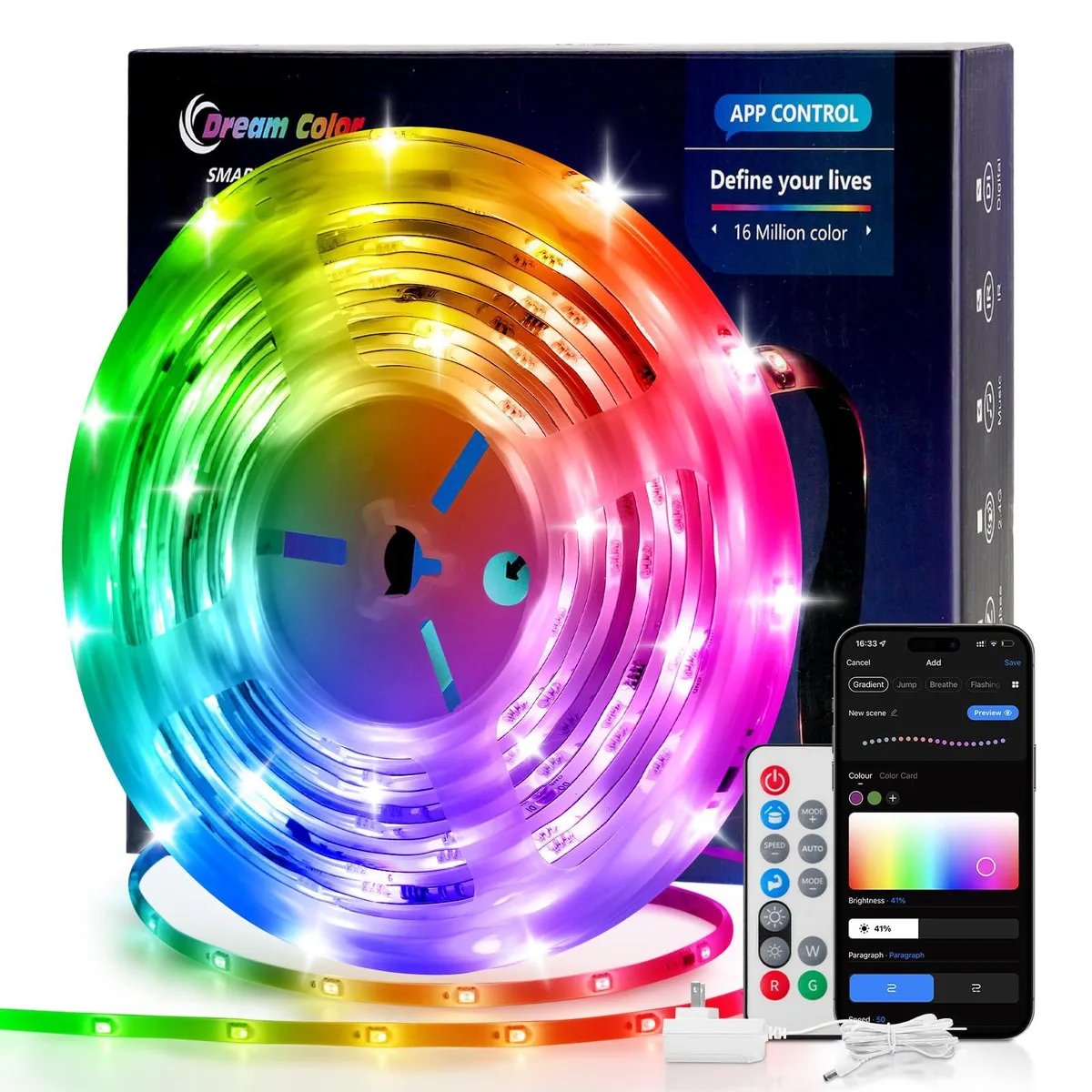 16.4ft flexible RGB+IC LED strip on white reel, clear prismatic cover, 24V DC power adaptor included