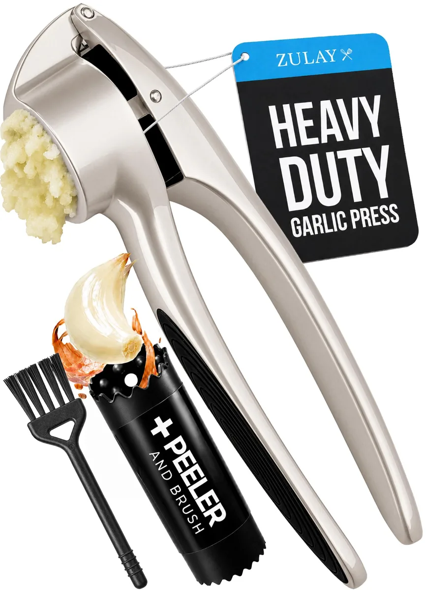 Medium silver garlic press with ergonomic soft grip handle, silicone peeler and cleaning brush