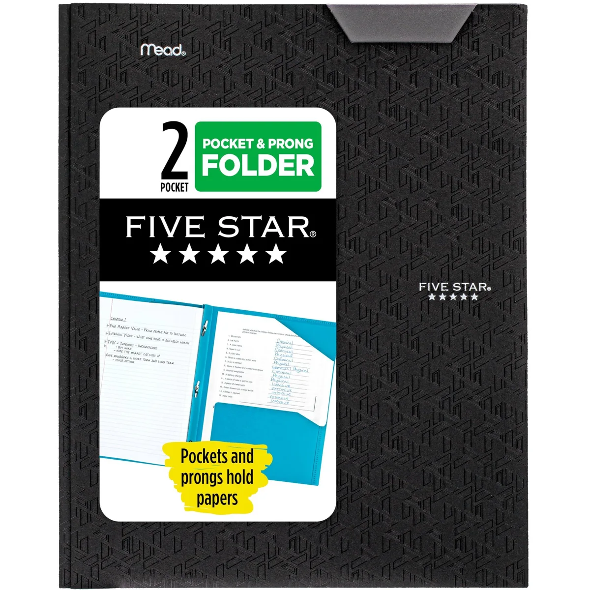 Black plastic two-pocket folder with prong fasteners and stay-put tabs, holds letter-size paper