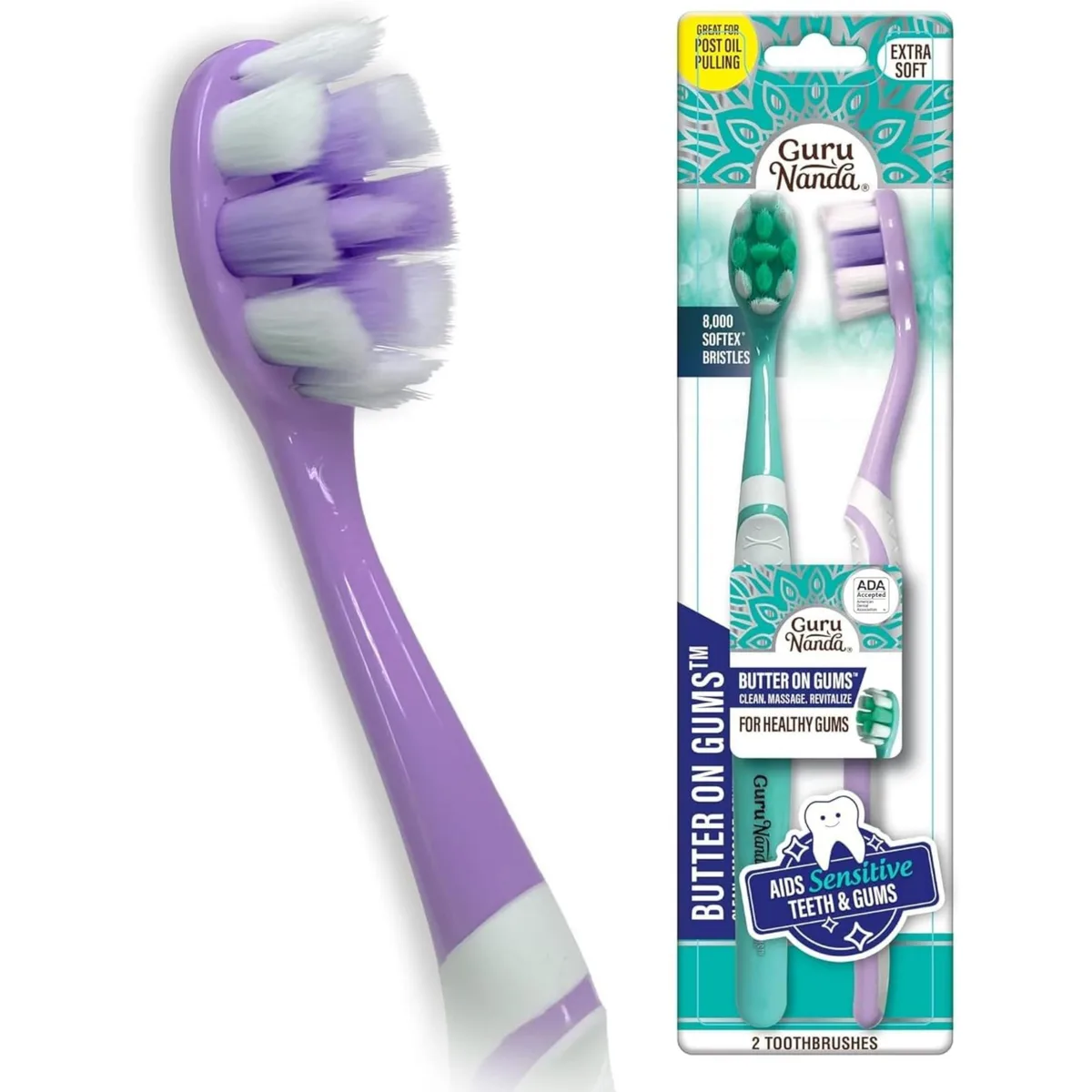 Two multicolour manual toothbrushes with ultra-soft bristles and rubberised handles